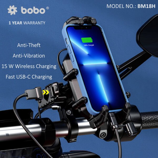 BOBO BM18H (or BM18M) PRO Handlebar (or Mirror) Anti-Vibration Bike Phone Holder (with Fast 15W Wireless Charger & USB-C Charging Module) Motorcycle Mobile Mount - Image 3