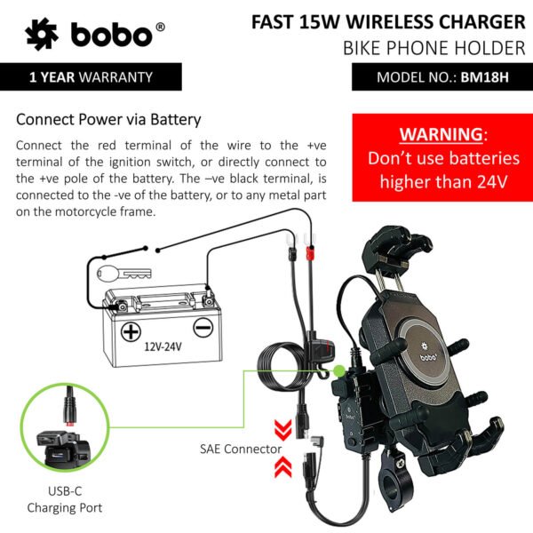 BOBO BM18H (or BM18M) PRO Handlebar (or Mirror) Anti-Vibration Bike Phone Holder (with Fast 15W Wireless Charger & USB-C Charging Module) Motorcycle Mobile Mount - Image 4