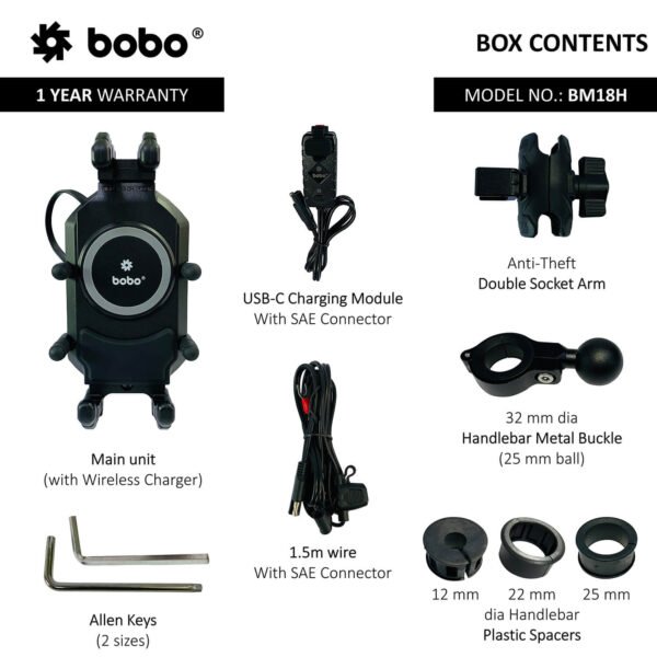 BOBO BM18H (or BM18M) PRO Handlebar (or Mirror) Anti-Vibration Bike Phone Holder (with Fast 15W Wireless Charger & USB-C Charging Module) Motorcycle Mobile Mount - Image 7