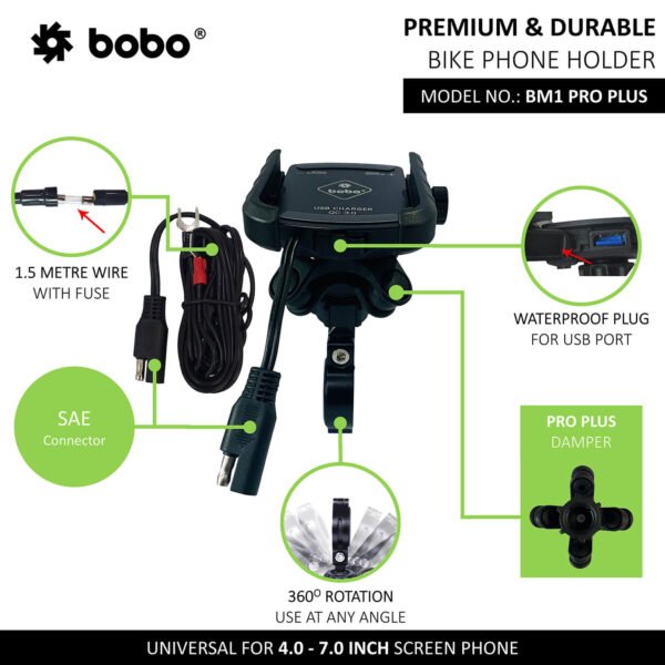 BOBO BM1 PRO PLUS Jaw-Grip Bike Phone Holder (with PRO PLUS Vibration Damper, Fast USB 3.0 Charger, SAE Connector & Fast USB Cable) - Image 2