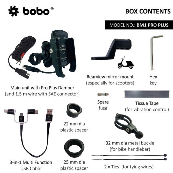 BOBO BM1 PRO PLUS Jaw-Grip Bike Phone Holder (with PRO PLUS Vibration Damper, Fast USB 3.0 Charger, SAE Connector & Fast USB Cable) - Image 4