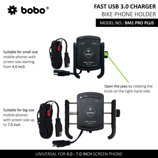 BOBO BM1 PRO PLUS Jaw-Grip Bike Phone Holder (with PRO PLUS Vibration Damper, Fast USB 3.0 Charger, SAE Connector & Fast USB Cable) - Image 3