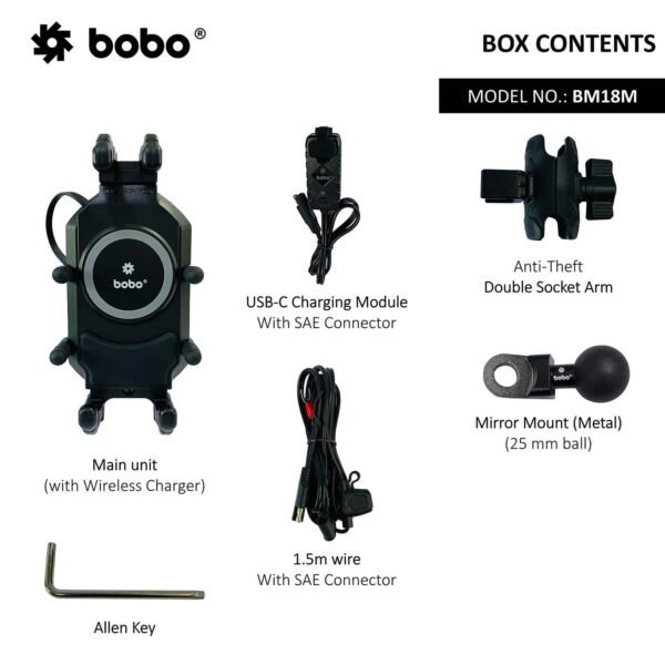 BOBO BM18H (or BM18M) PRO Handlebar (or Mirror) Anti-Vibration Bike Phone Holder (with Fast 15W Wireless Charger & USB-C Charging Module) Motorcycle Mobile Mount - Image 8