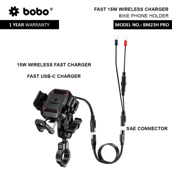 BOBO BM23H (or BM23M) PRO Handlebar (or Mirror) Mount Anti-Vibration Anti-Theft and 15W Wireless / 36W USB-C Charger - Image 4