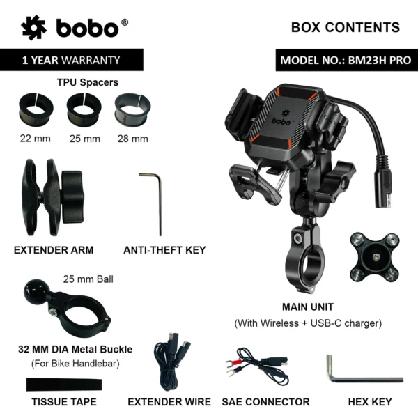 BOBO BM23H (or BM23M) PRO Handlebar (or Mirror) Mount Anti-Vibration Anti-Theft and 15W Wireless / 36W USB-C Charger - Image 7