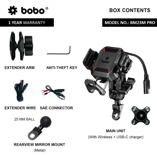 BOBO BM23H (or BM23M) PRO Handlebar (or Mirror) Mount Anti-Vibration Anti-Theft and 15W Wireless / 36W USB-C Charger - Image 8